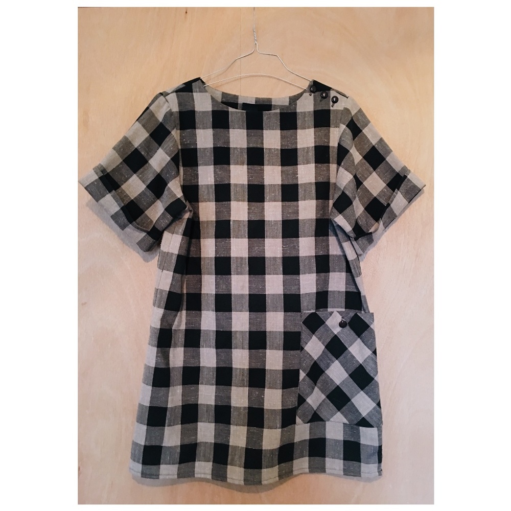Beige and Black Checkered Babydoll Dress